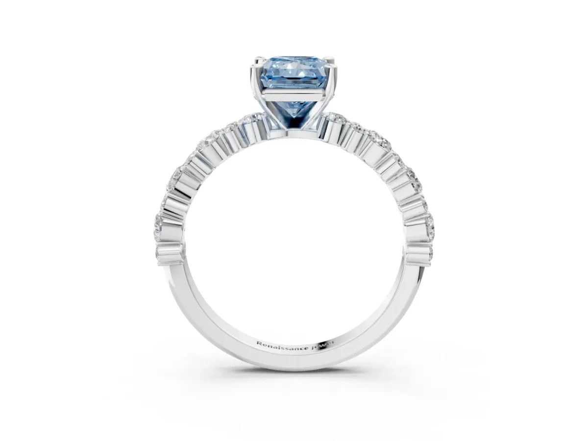 Fancy Blue Radiant Cut Diamond Side Stone Solitaire Ring with Round and Four-Prong Setting Platinum