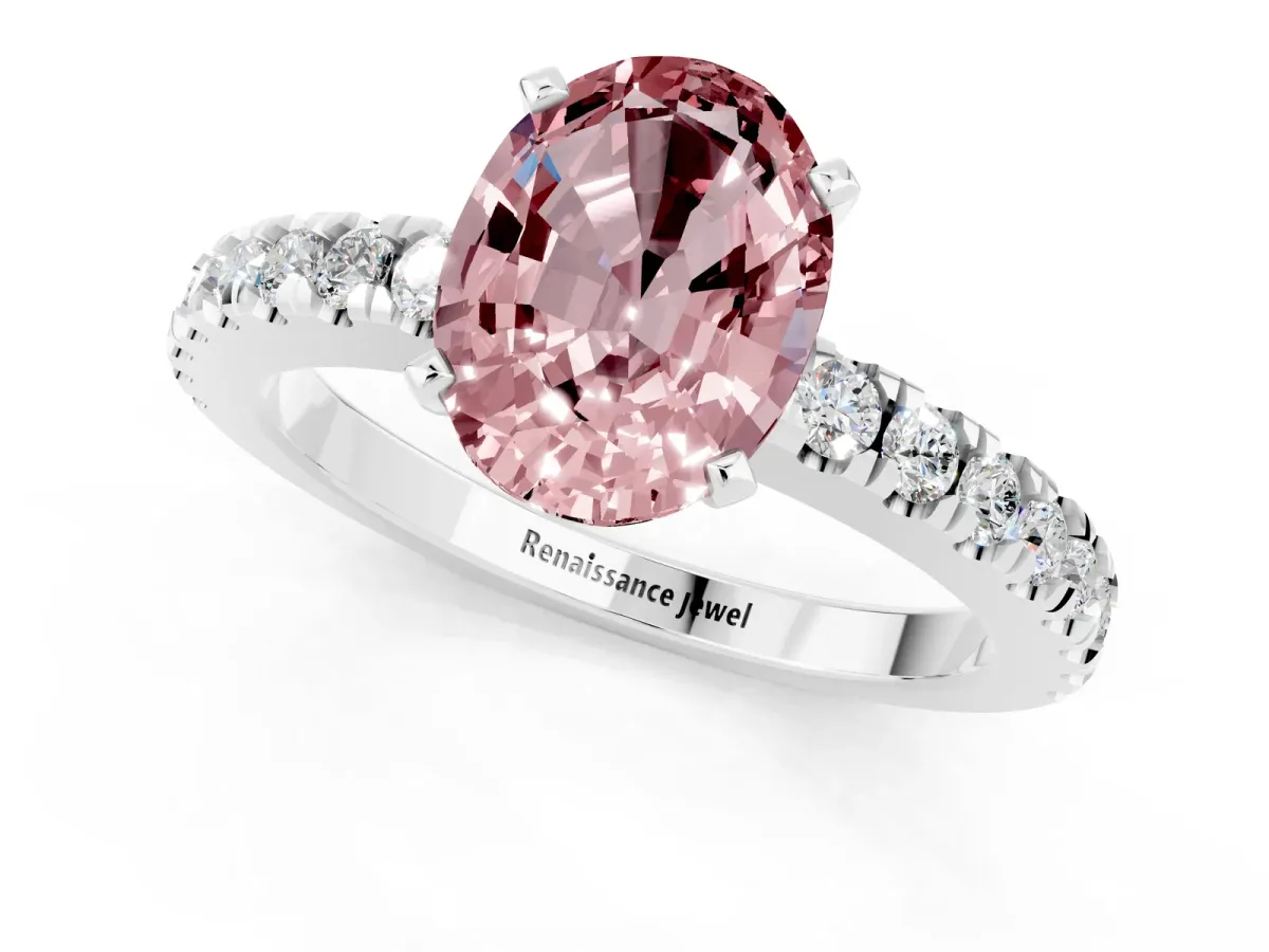 Oval Cut Solitaire Morganite with Pavé Band and Four-Prong Setting Silver