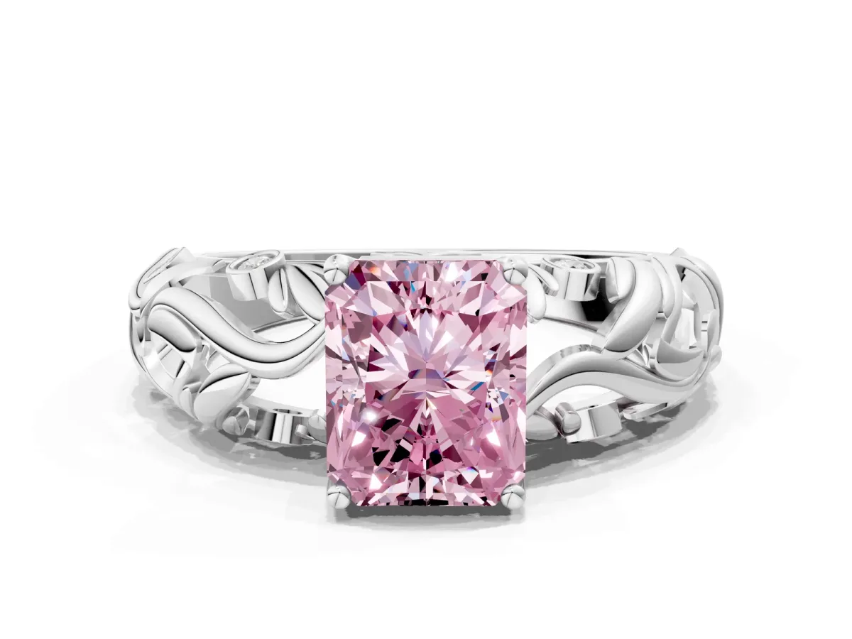 Fancy Pink Radiant Cut Solitaire Diamond Leaf-Inspired Vine Band Ring with Prong Setting Platinum