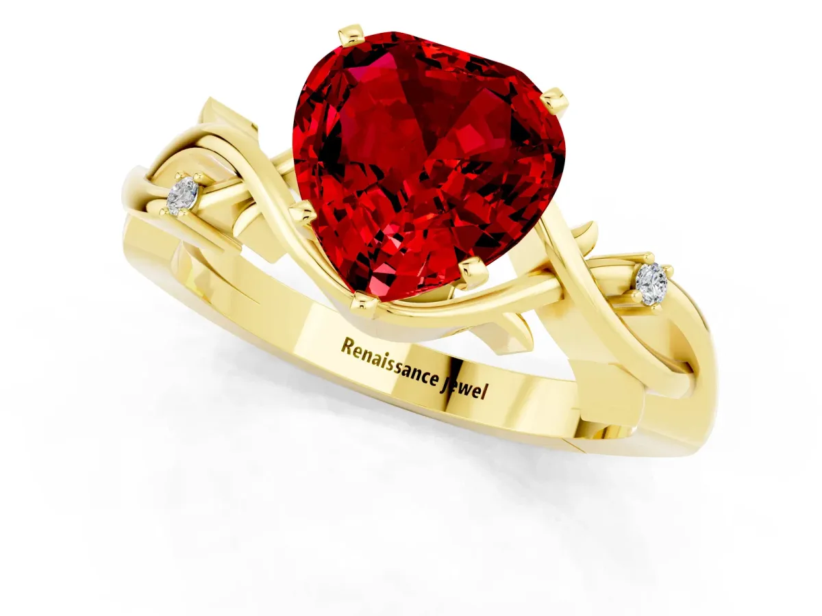Heart Cut Ruby Solitaire Ring with Twisted Band and Prong Setting Yellow gold