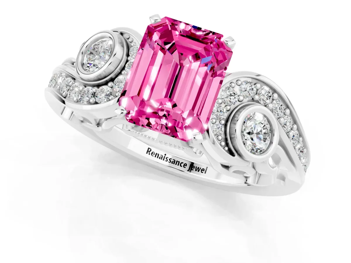 Emerald Cut Pink Sapphire Solitaire Ring with Milgrain Pavé Band and Four-Prong Setting Silver