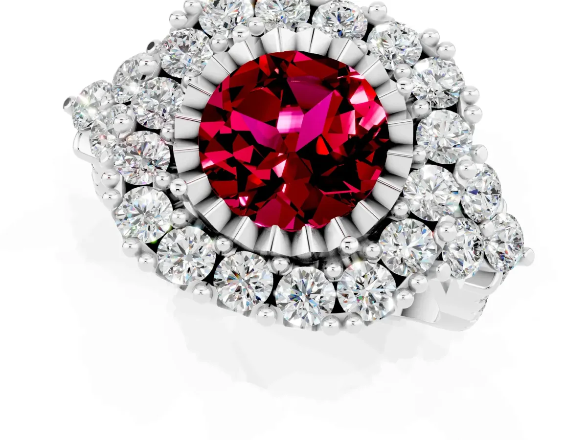 Round Cut Garnet Halo Ring with Pavé Band and Four-Prong Setting Silver