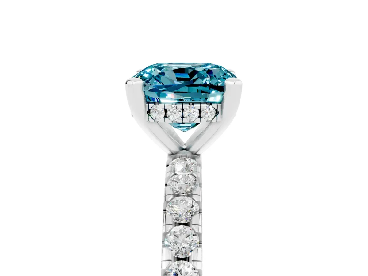 Cushion Cut Blue Topaz Solitaire Ring with Round Pavé Band and Four-Prong Setting Silver