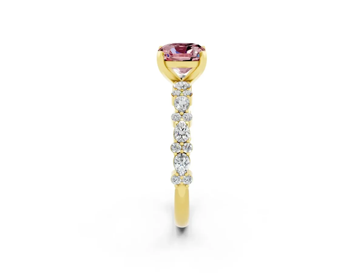 Cushion Cut Morganite Side Stone Solitaire Ring with Round and Four-Prong Setting Yellow gold