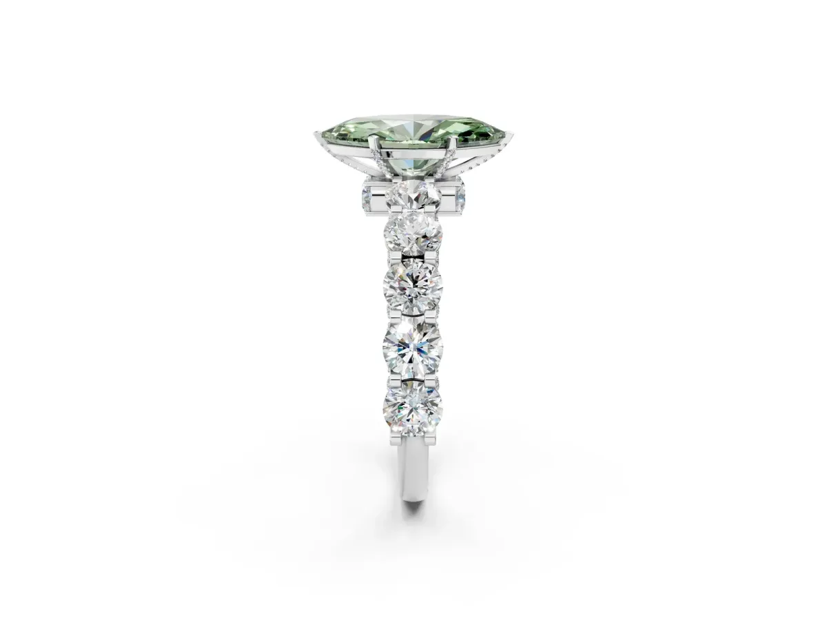 Fancy Green Marquise Cut Diamond Side Stone Engagement Ring with Four-Prong Setting White gold