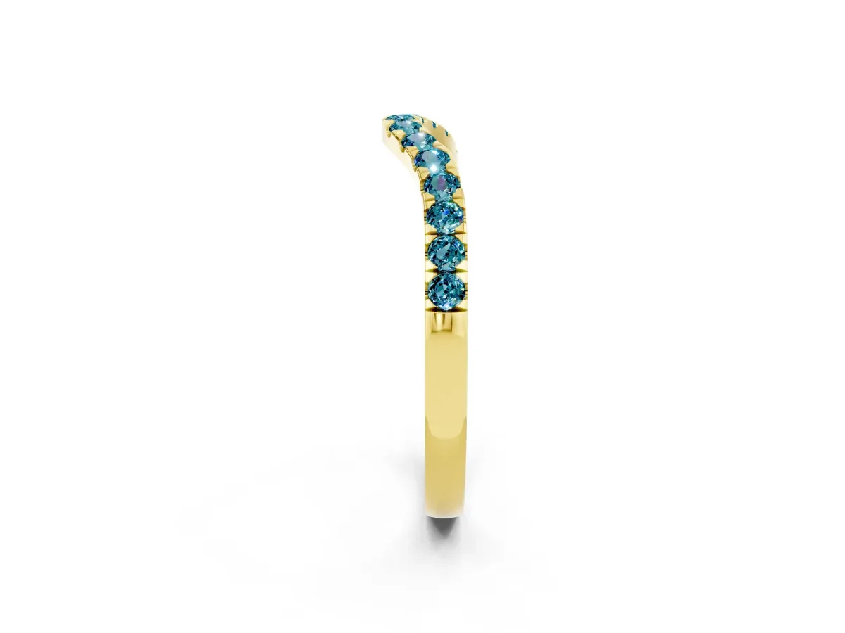 Curved Pavé Round Blue Topaz Wedding Band with Shared Prong Setting Yellow gold