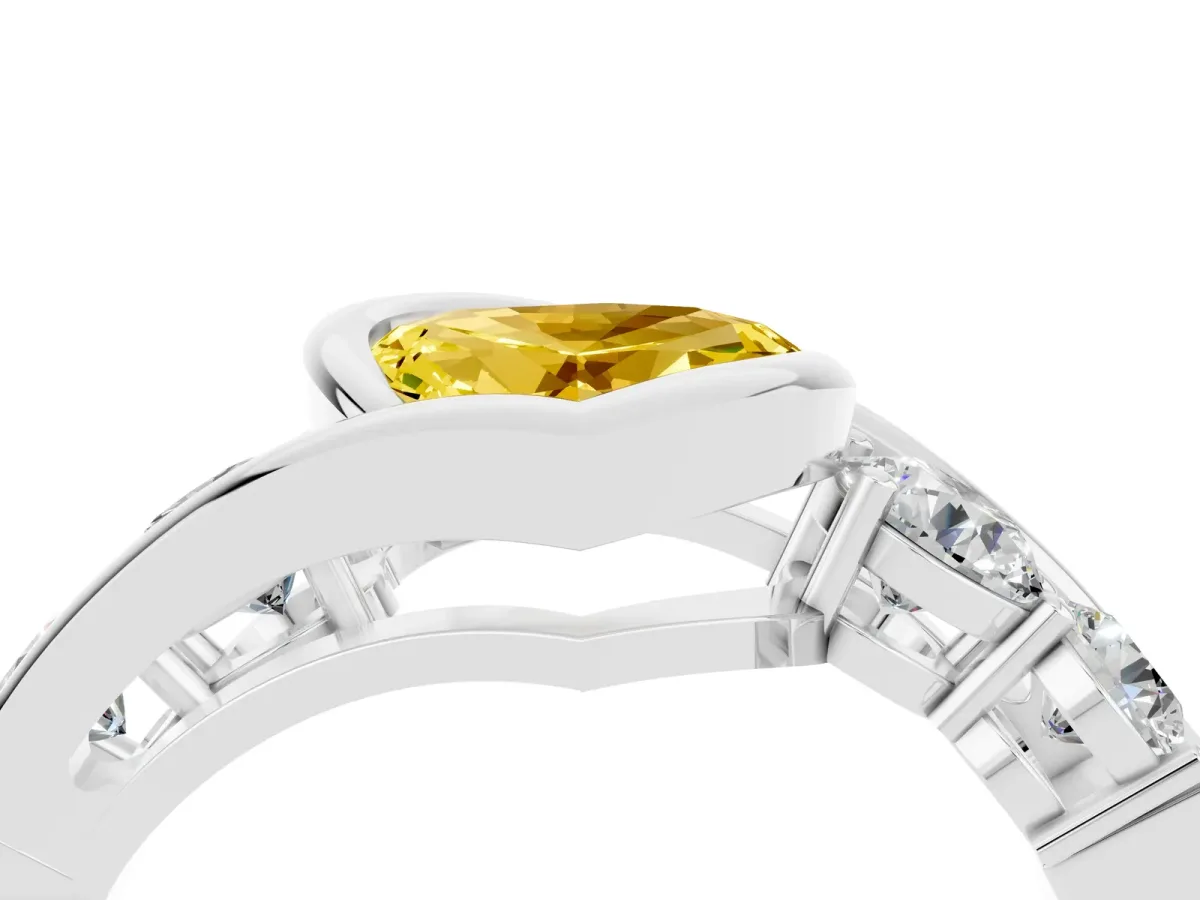 Bezel Set Heart Cut Yellow Sapphire Bypass Ring with Round Accents Silver