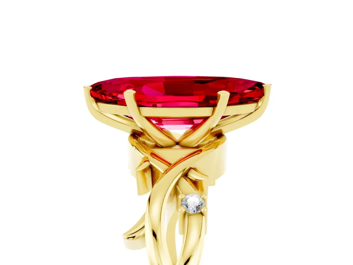 Marquise Cut Ruby Solitaire Ring with Twisted Band and Prong Setting Yellow gold
