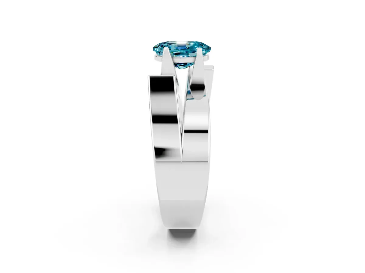 Modern Tension Set Oval Cut Blue Topaz Solitaire Wide Band Ring Silver