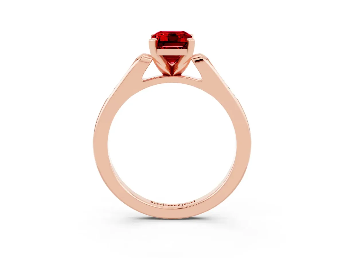 Emerald Cut Ruby Solitaire Ring with Channel Set Round Band and Prong Setting Rose gold