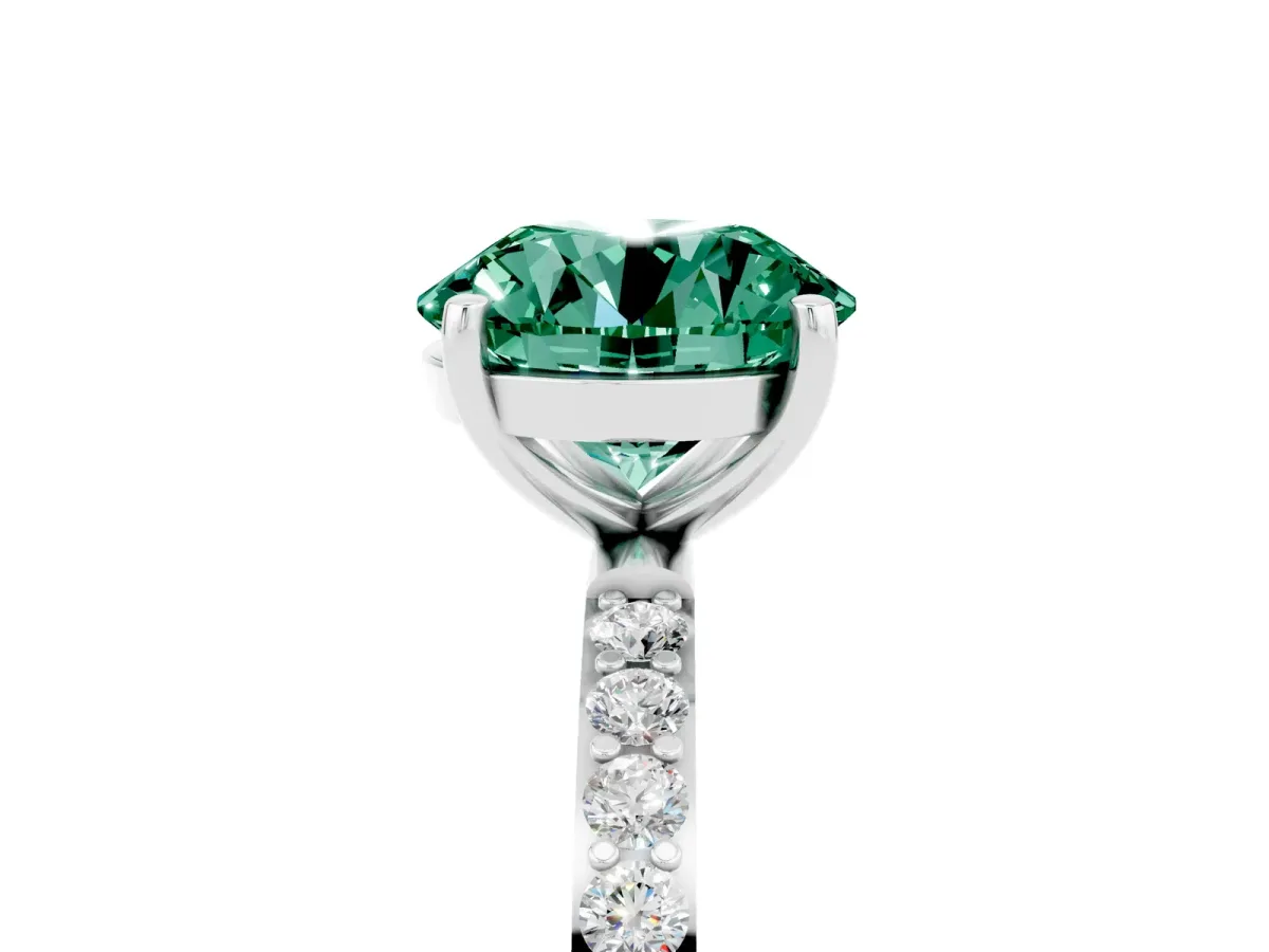 Round Cut Green Sapphire Solitaire Ring with Round Pavé Band and Prong Setting Silver