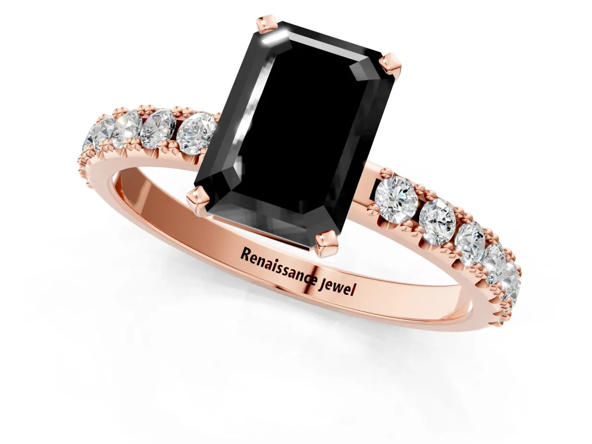 Fancy Black Emerald Cut Diamond Solitaire Pavé Band with Four-Prong Setting Rose gold