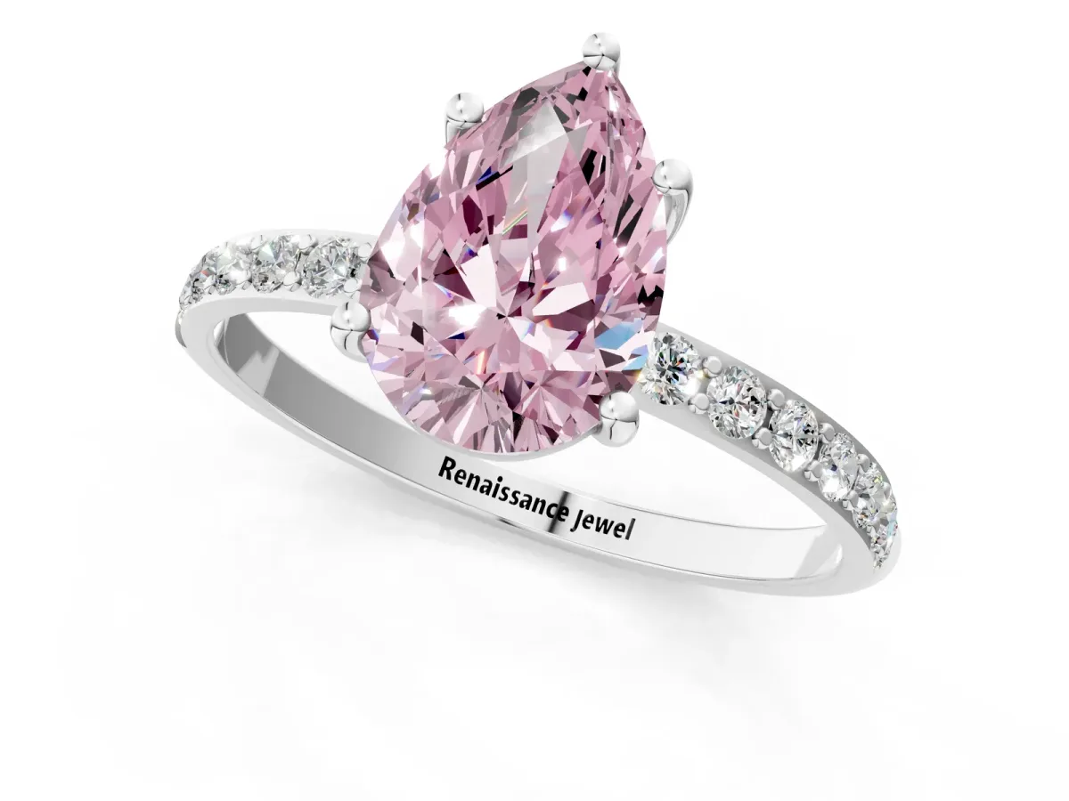Fancy Pink Pear Cut Diamond Solitaire Ring with Round Pavé Shoulders and Prong Setting White gold
