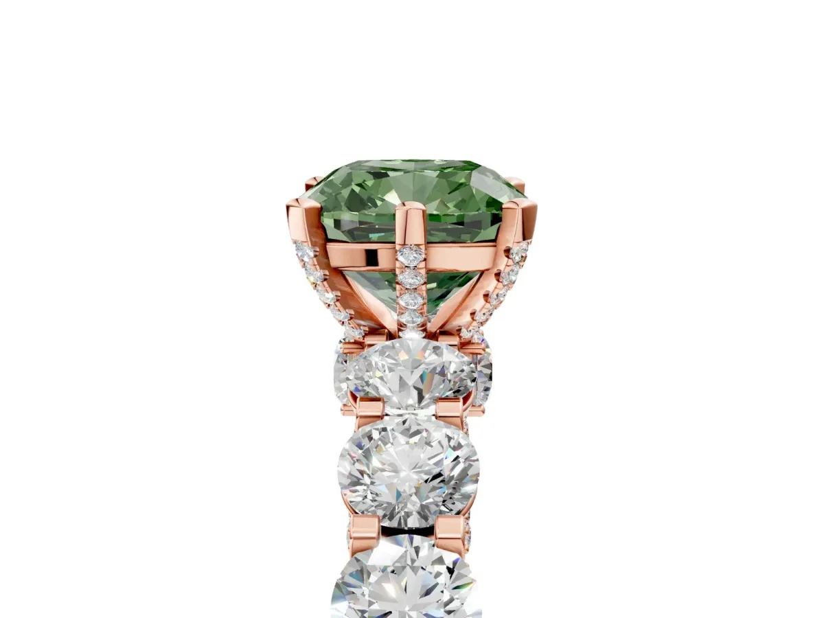Fancy Green Cushion Cut Diamond Side Stone Engagement Ring with Four-Prong Setting Rose gold