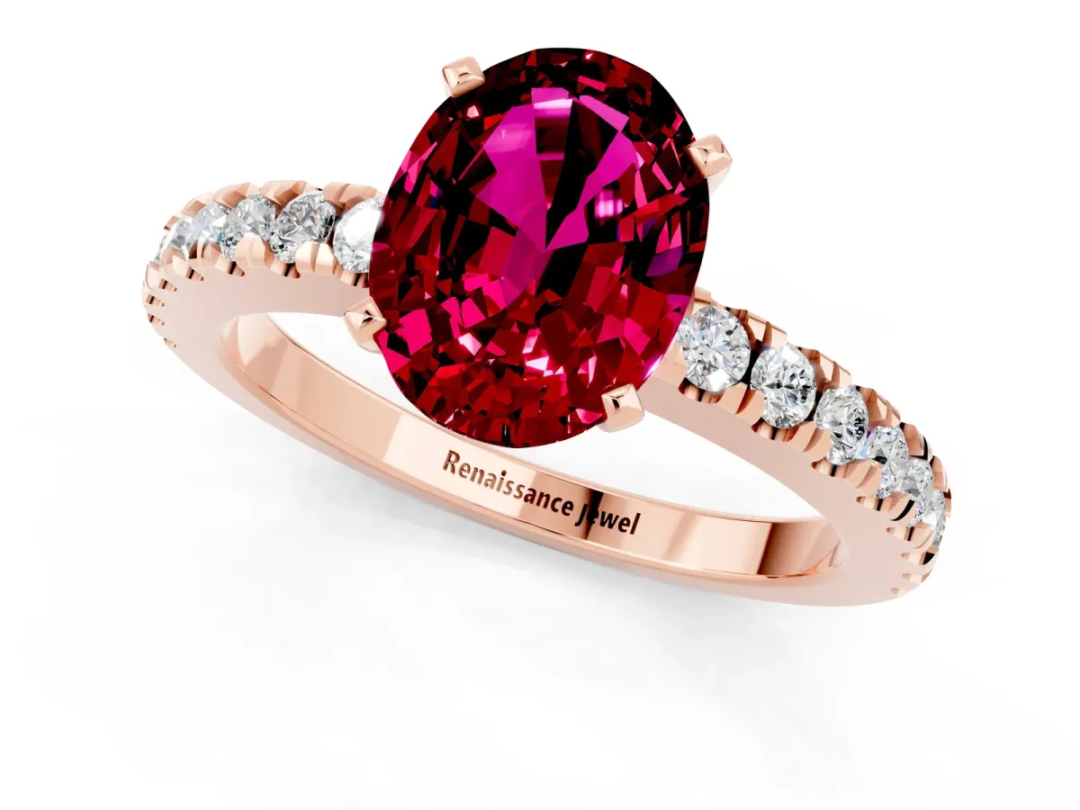 Oval Cut Solitaire Garnet with Pavé Band and Four-Prong Setting Rose gold