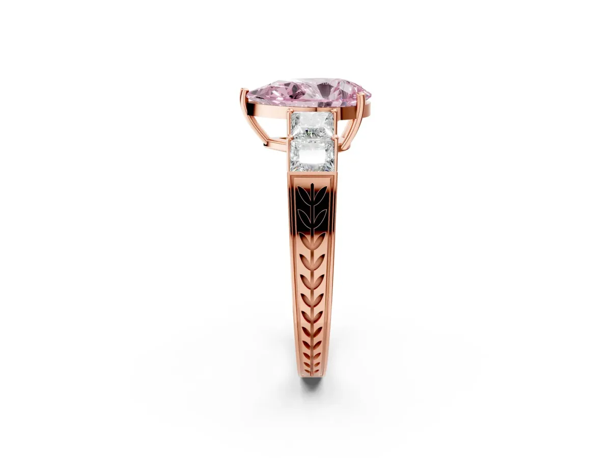Fancy Pink Pear Cut Solitaire Princess Side Stone Engraved Band Prong Setting Ring Rose gold