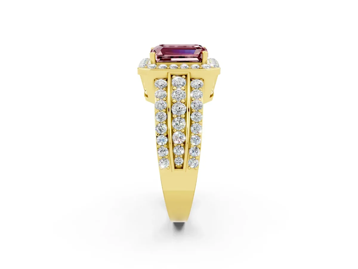 Emerald Cut Halo Morganite Ring with Round Split Shank and Prong Setting Yellow gold