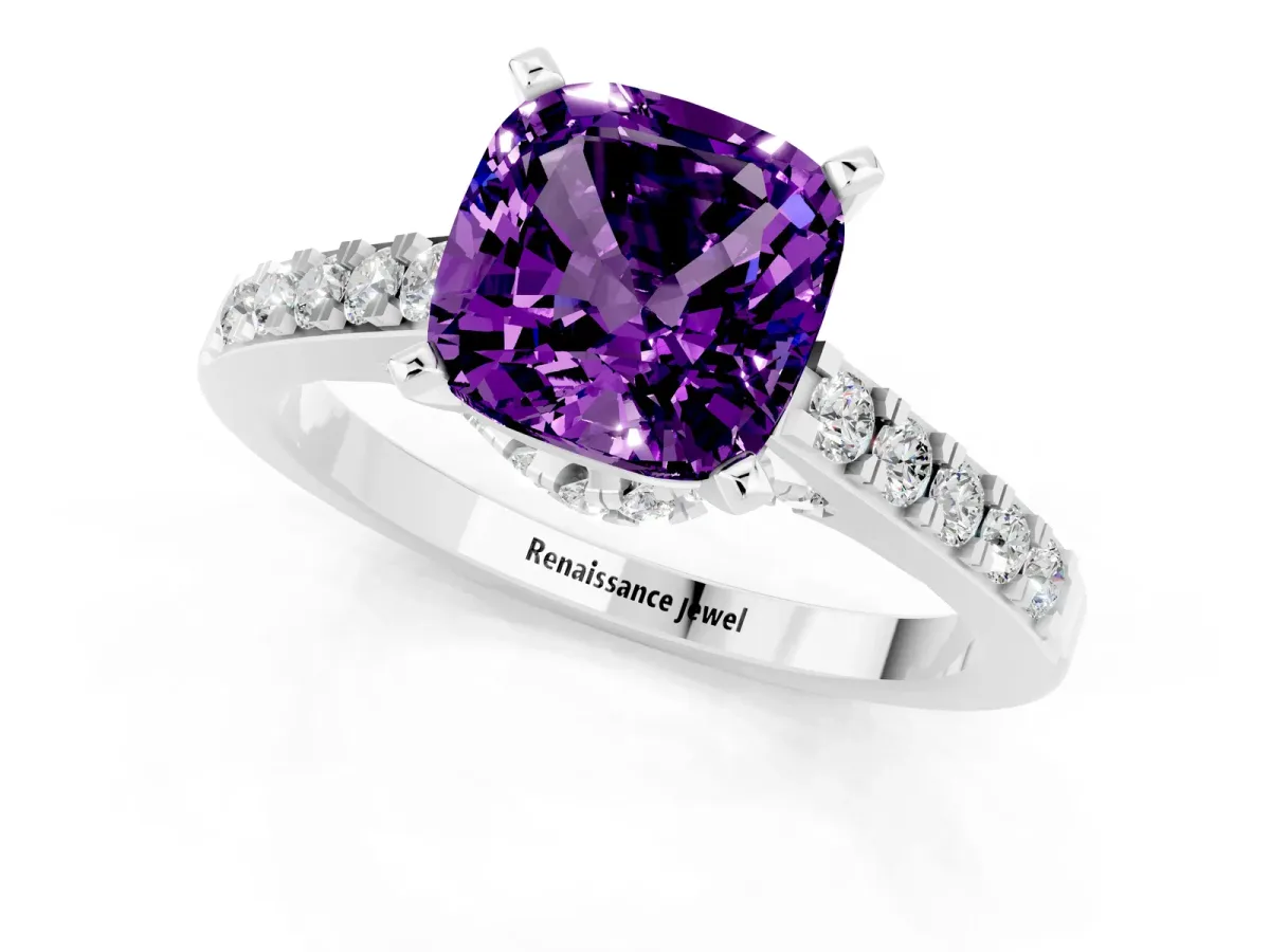 Cushion Cut Amethyst Solitaire Ring with Crossover Gallery and Round Pavé Band Silver