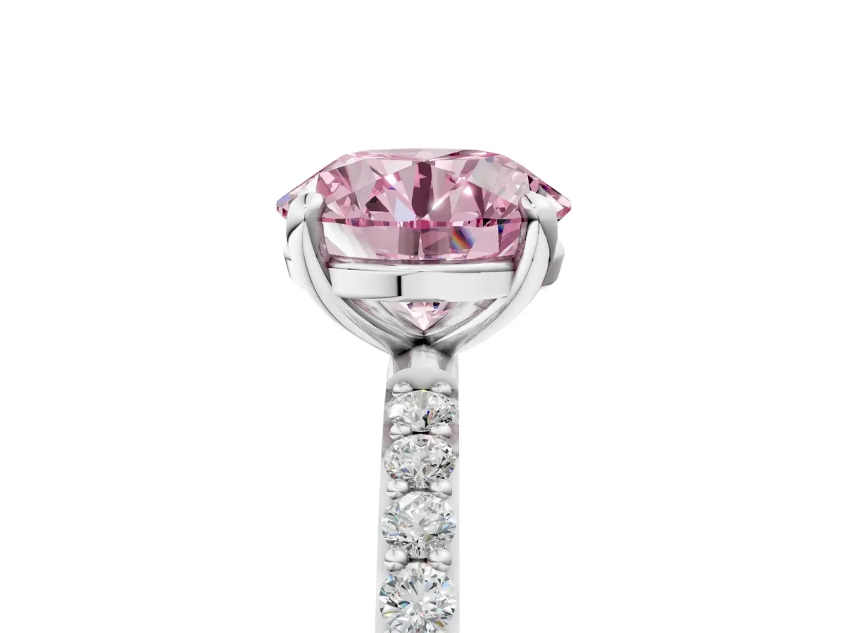 Fancy Pink Round Cut Diamond Solitaire Ring with Round Pavé Band and Prong Setting Silver
