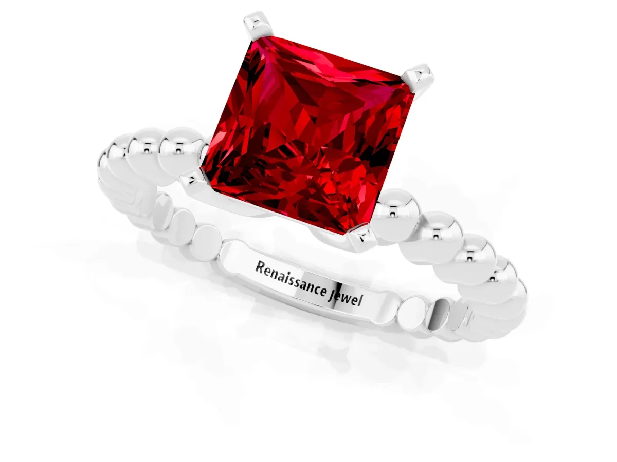 Princess Cut Ruby Solitaire Ring with Beaded Band and Prong Setting White gold