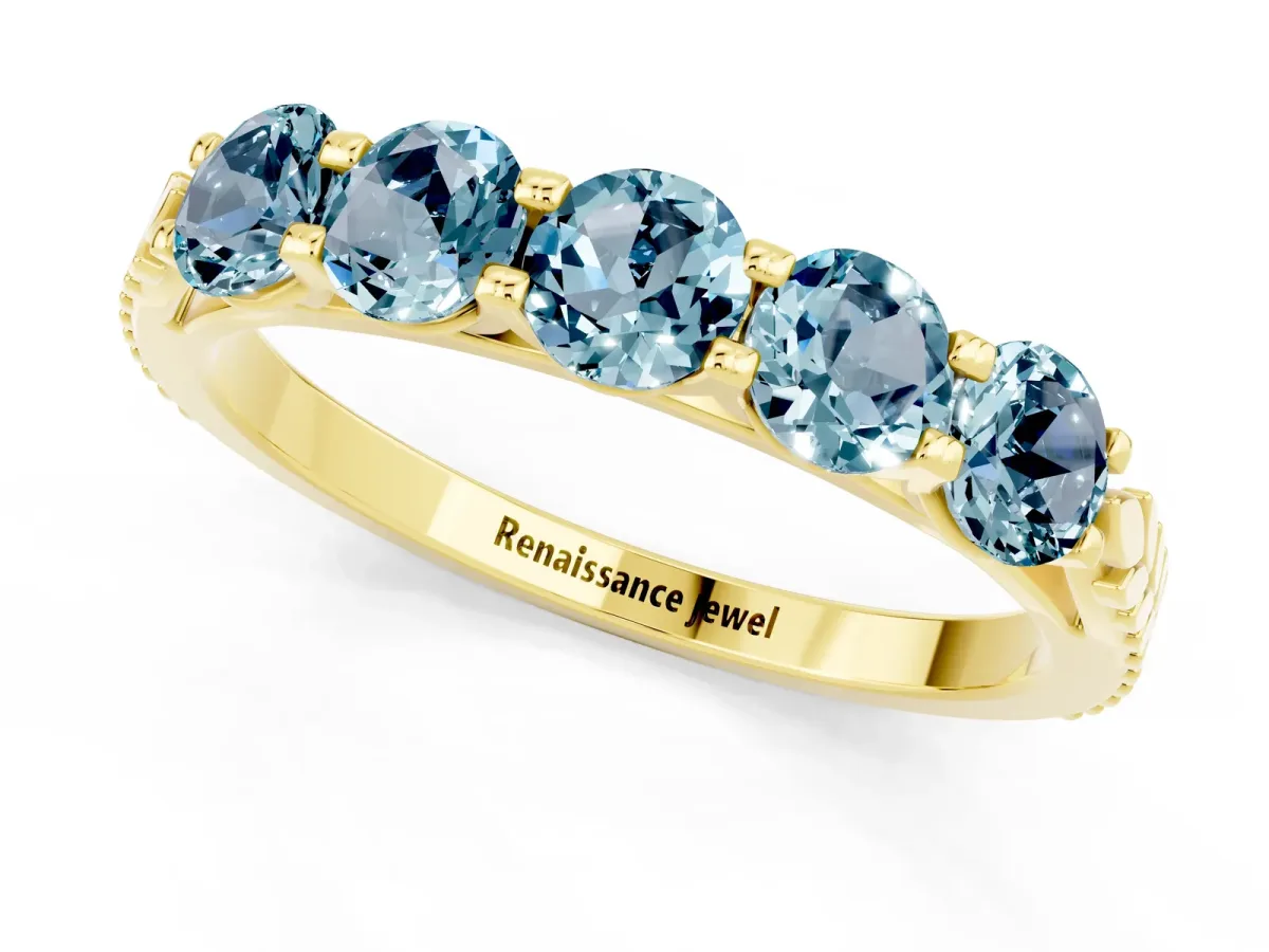 Five-Stone Round Aquamarine Prong-Set Band Yellow gold