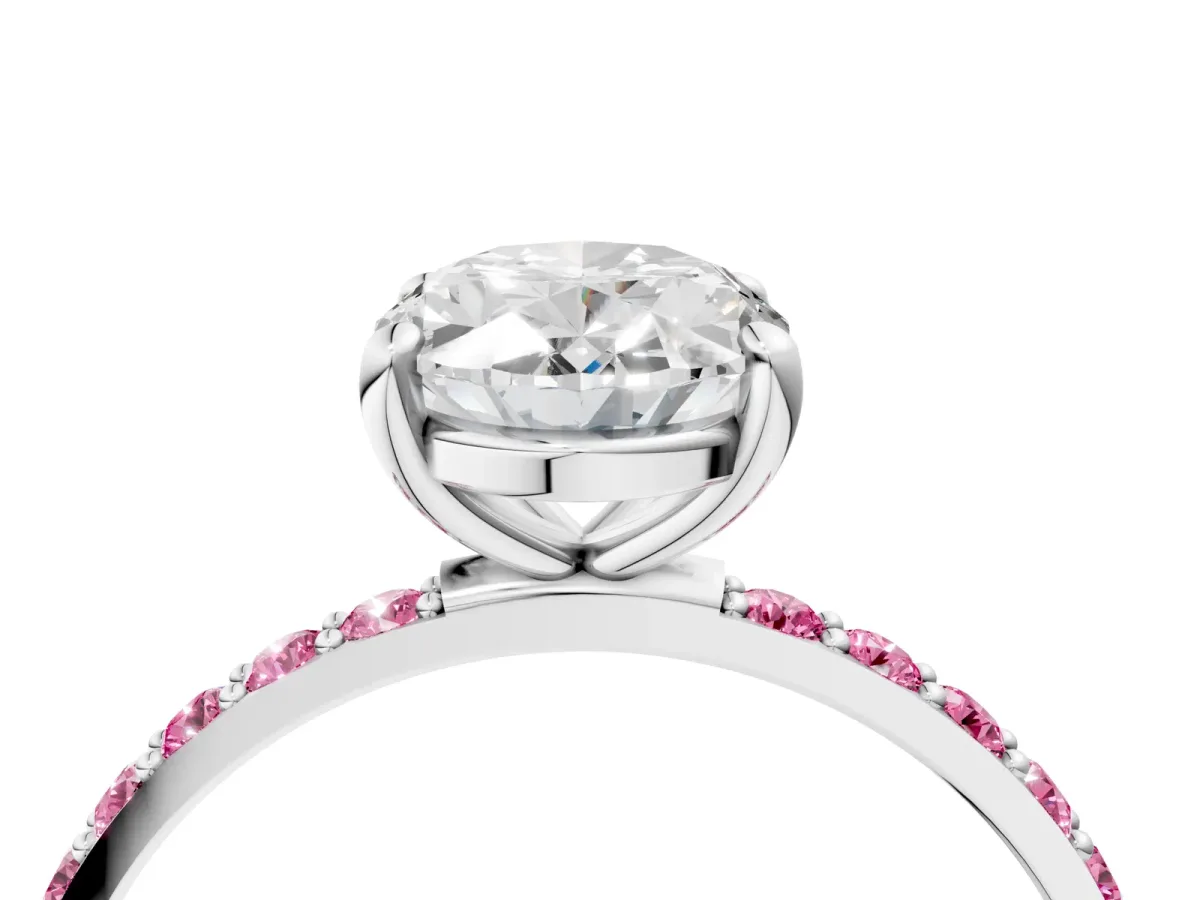 Oval Cut Diamond Solitaire Ring with Round Pink Sapphire Pavé Band and Prong Setting Silver