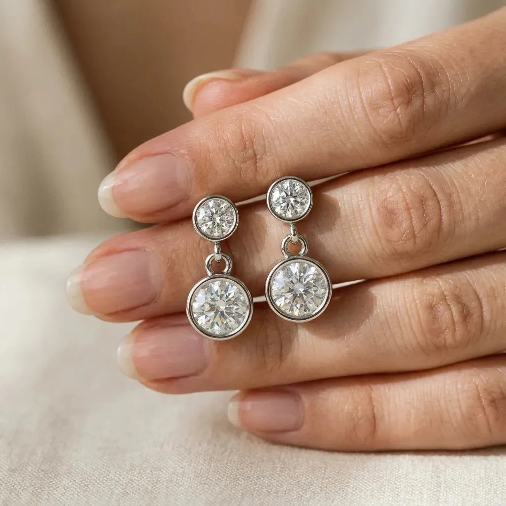 Bezel-Set Round Cut Drop Earrings with Post Back White gold