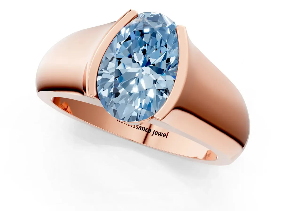Fancy Blue Oval Cut Solitaire Bezel Set Diamond Ring with Wide Band Rose gold