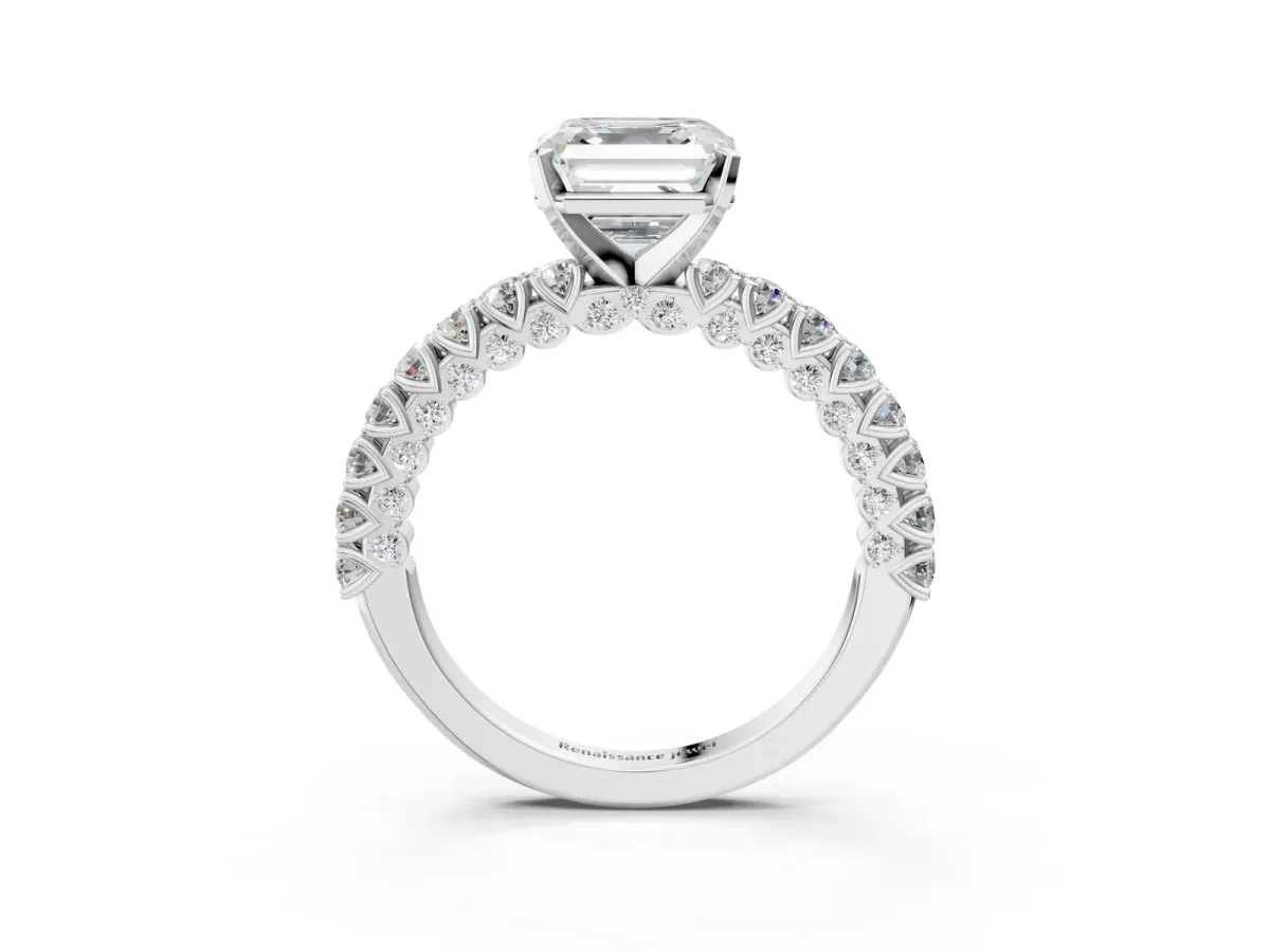 Asscher Cut Diamond Solitaire Ring with Round Accent Pavé Band and Prong Setting Platinum