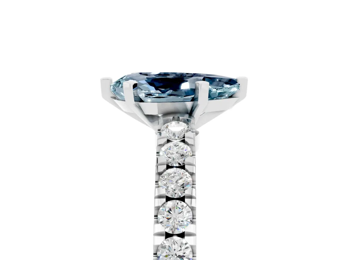 Pear Cut Solitaire Aquamarine with Pavé Band and Four-Prong Setting Silver
