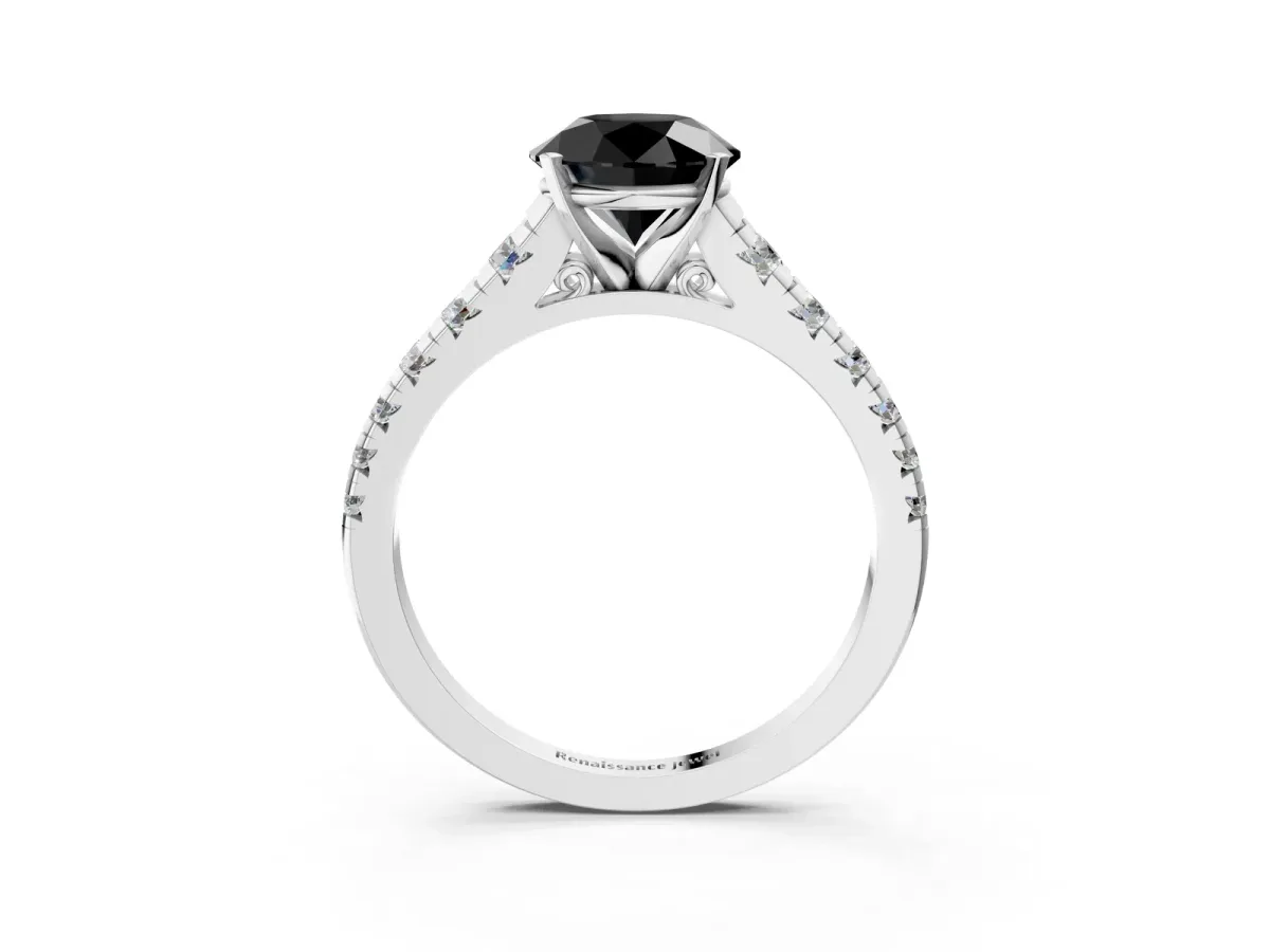 Fancy Black Round Cut Diamond Cathedral Solitaire Ring with Round Pavé Band Silver