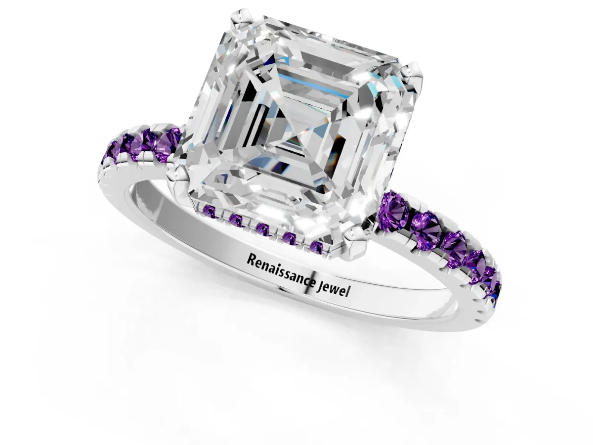 Asscher Cut Diamond Solitaire Ring with Round Amethyst Pavé Band and Four-Prong Setting Silver