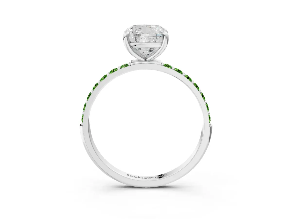 Cushion Cut Diamond Solitaire Ring with Round Peridot Pavé Band and Prong Setting Silver