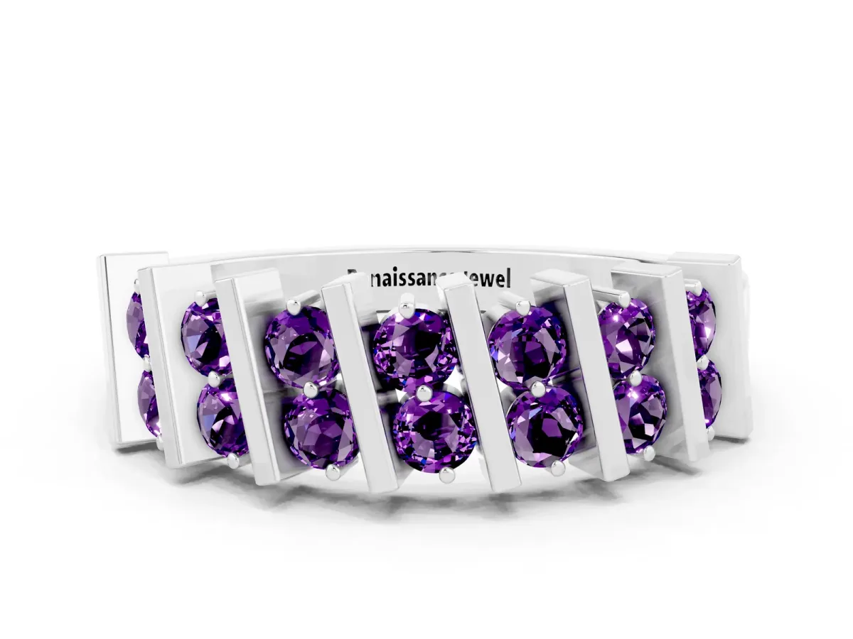 Channel Set Round Amethyst Anniversary Band with Vertical Prongs Silver