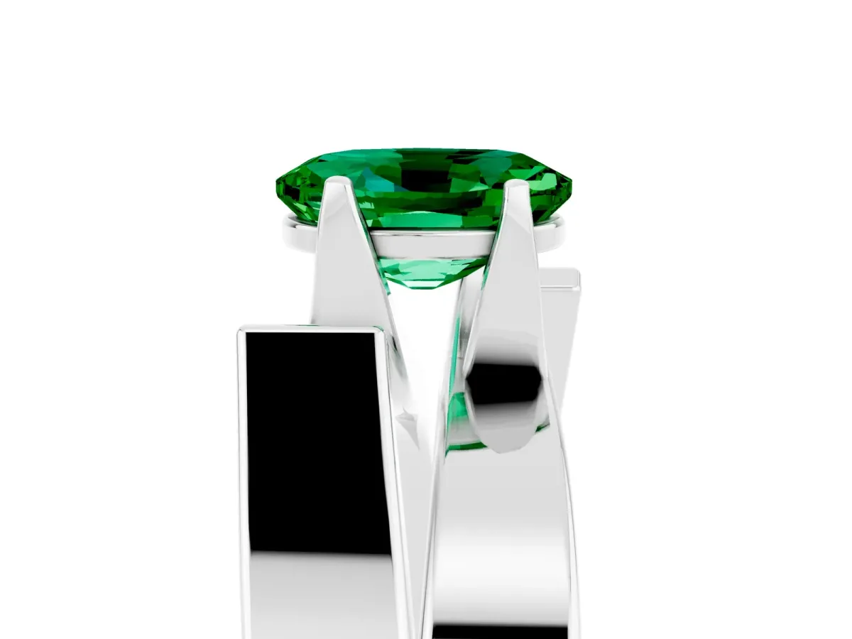 Modern Tension Set Oval Cut Emerald Solitaire Wide Band Ring Silver