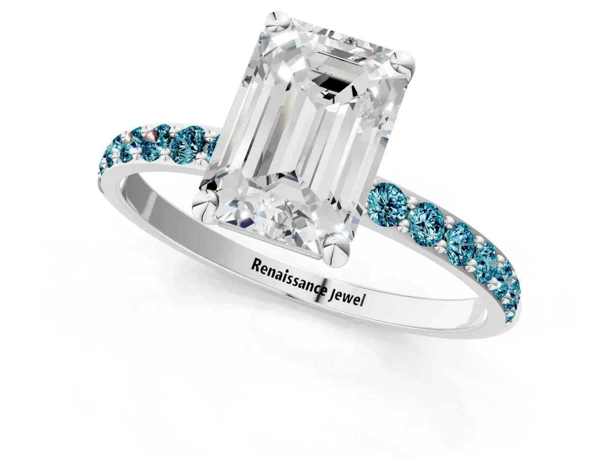 Emerald Cut Diamond Solitaire Ring with Round Blue Topaz Pavé Band and Prong Setting Silver