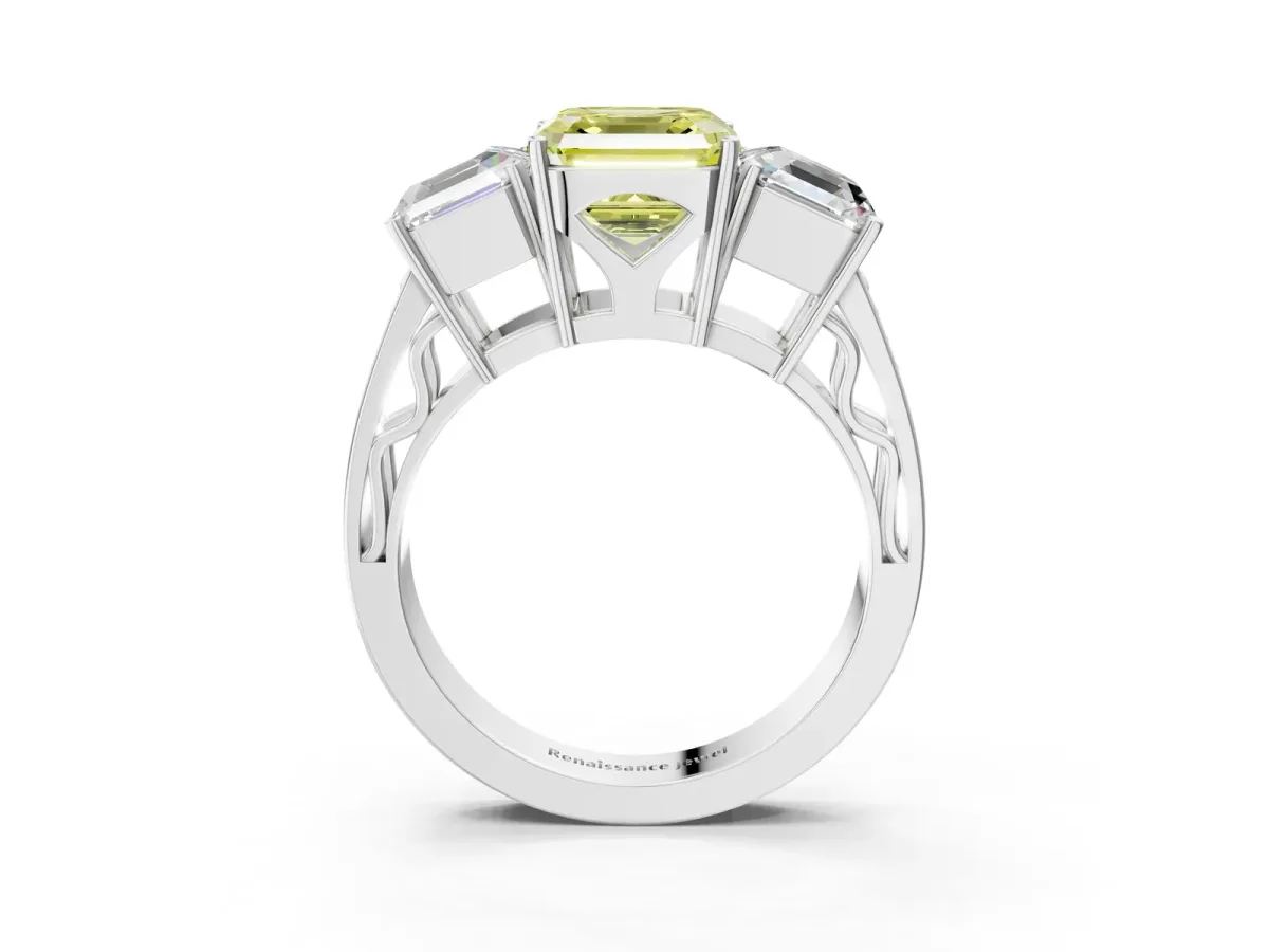 Fancy Yellow Asscher Cut Diamond Three-Stone Ring with Prong Setting and Textured Band Platinum
