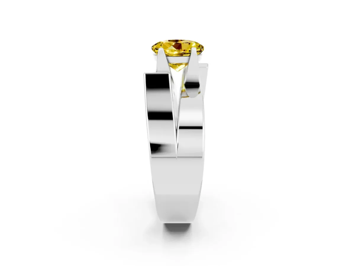 Modern Tension Set Round Cut Yellow Sapphire Solitaire Wide Band Ring Silver