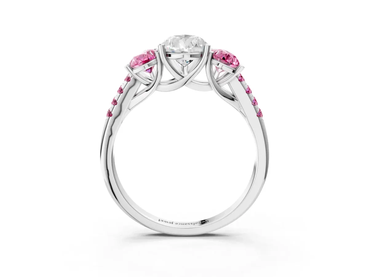 Three-Stone Pear Cut Diamond Ring with Round Pink Sapphire Pavé Band and Prong Setting Silver