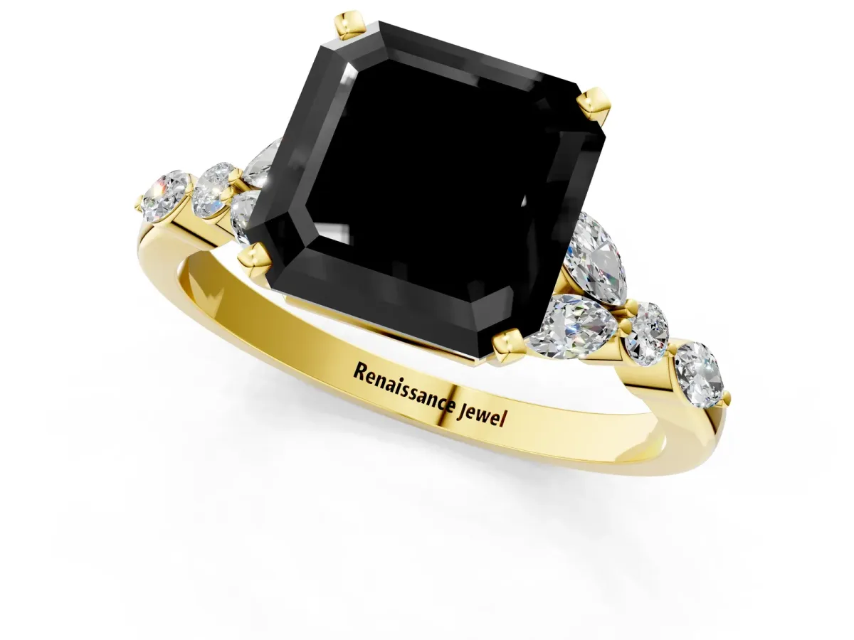 Fancy Black Asscher Cut Diamond Solitaire Ring with Side Stones and Four-Prong Setting Yellow gold