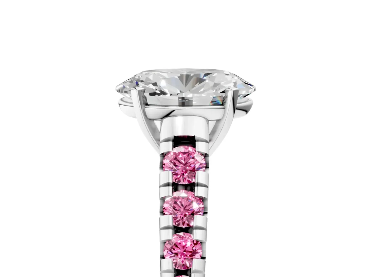 Oval Cut Diamond Cathedral Solitaire Ring with Round Pink Sapphire Pavé Band Silver