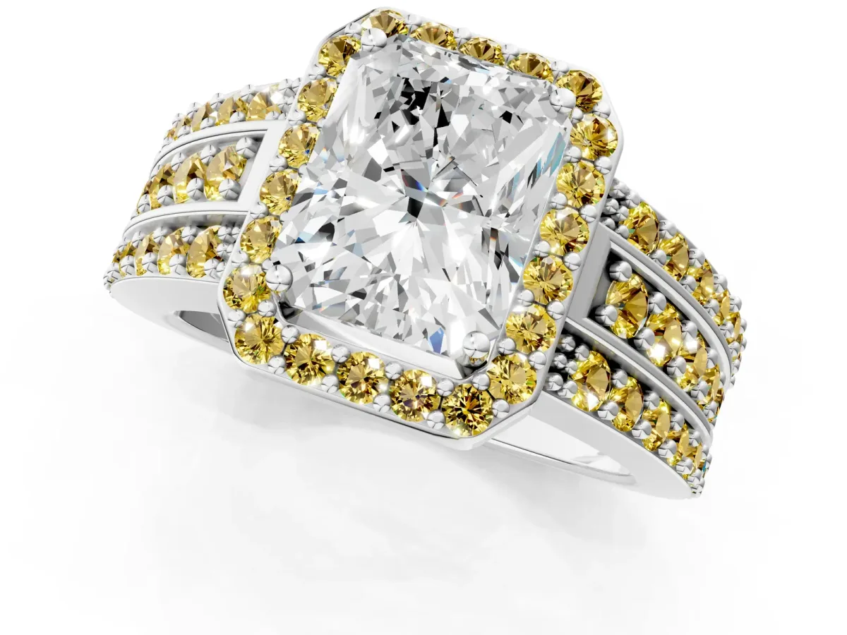 Radiant Cut Halo Diamond Ring with Round Yellow Sapphire Split Shank and Prong Setting Silver