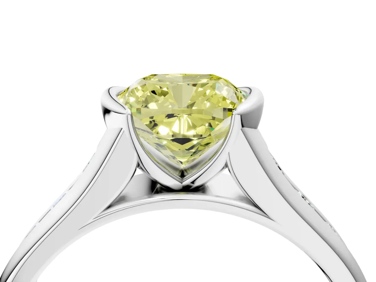 Fancy Yellow Cushion Cut Solitaire Bezel-Set Diamond Ring with Channel-Set Band Platinum