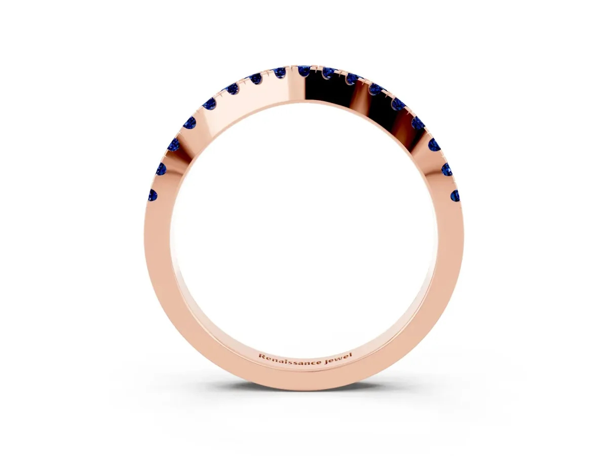 Round Blue Sapphire Pavé Curved Band with Shared Prong Setting Rose gold