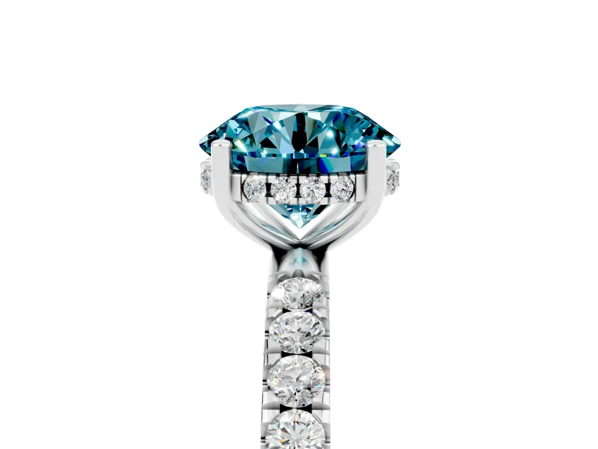 Round Cut Blue Topaz Pave Band Solitaire Ring with Round and Prong Setting Platinum