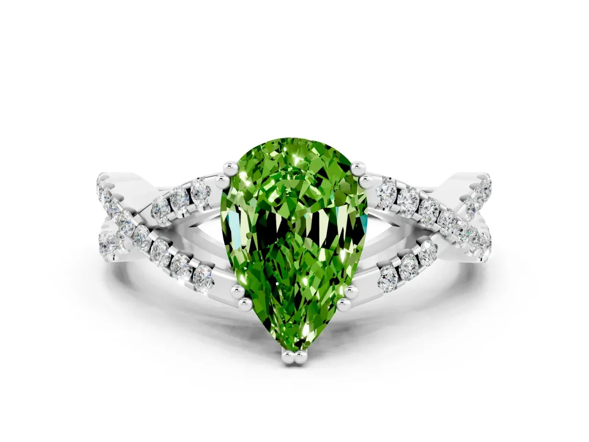 Pear Cut Peridot Solitaire Ring with Four-Prong Setting and Twisted Pavé Band Platinum