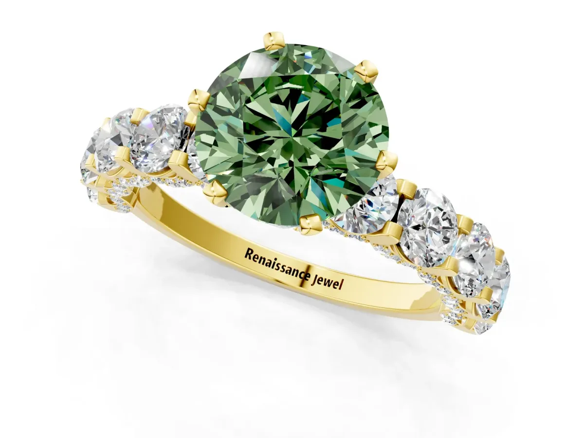 Fancy Green Round Cut Diamond Side Stone Engagement Ring with Four-Prong Setting Yellow gold