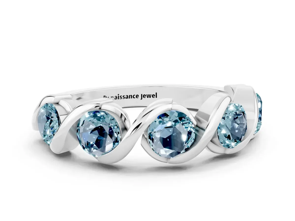 Round Aquamarine Wave Band with Channel Setting and Shared Prongs Silver