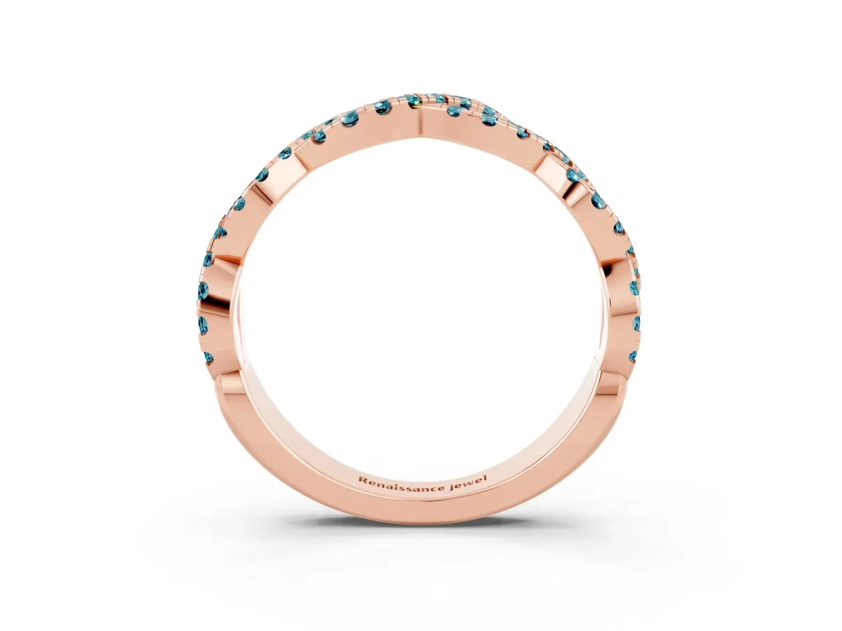 Round Blue Topaz Twisted Eternity Band with Pavé and Shared Prong Setting Rose gold