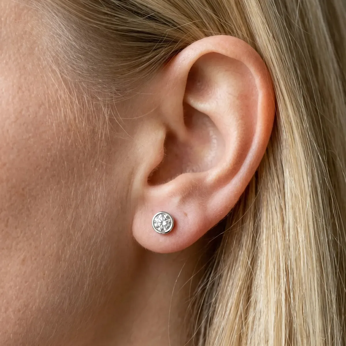 Bezel Set Round Diamond Stud Earrings with Push Back White gold